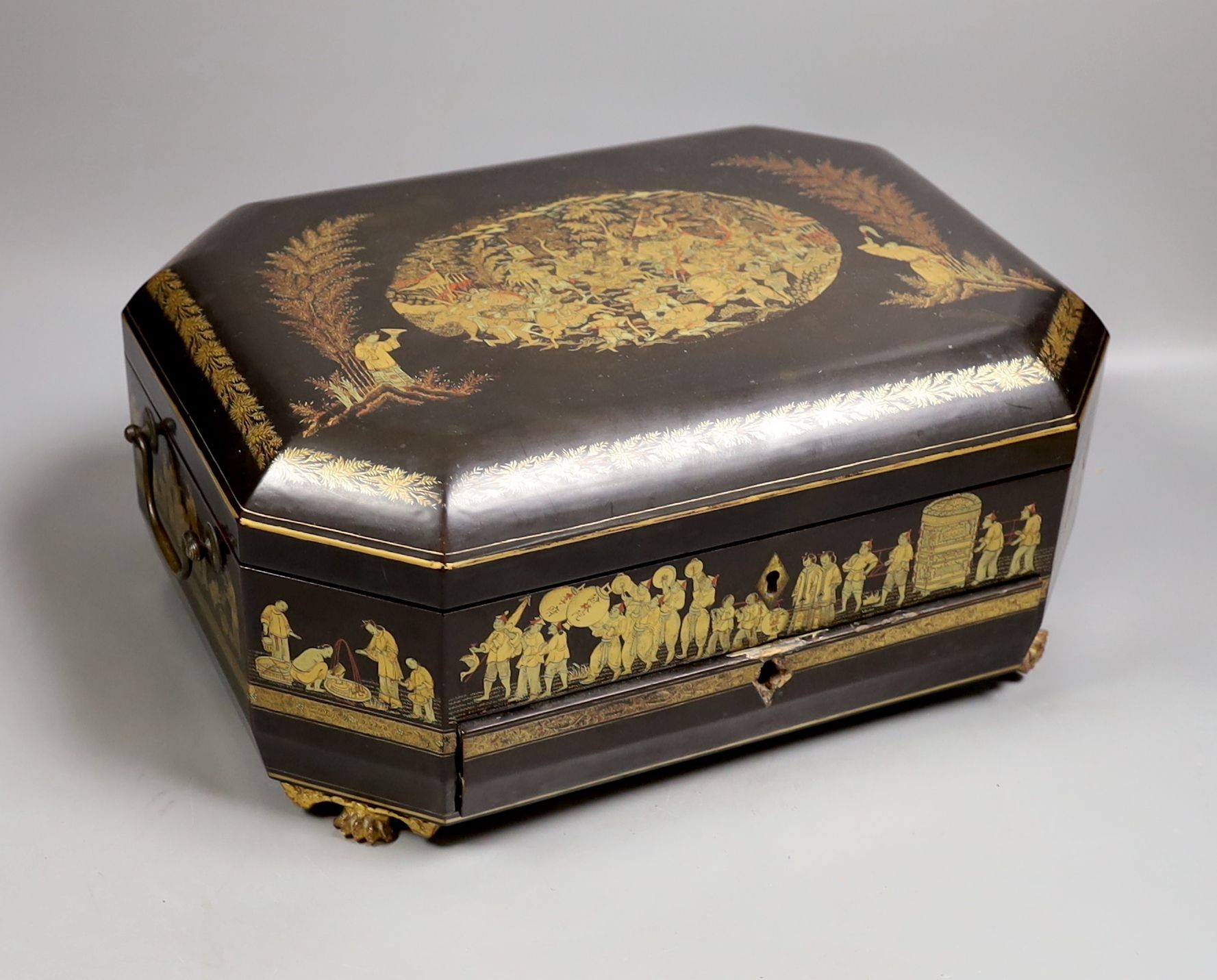 A mid 19th century Chinese Cantonese lacquer workbox with with carved Ivory sewing accessories to the interior, 37cm wide